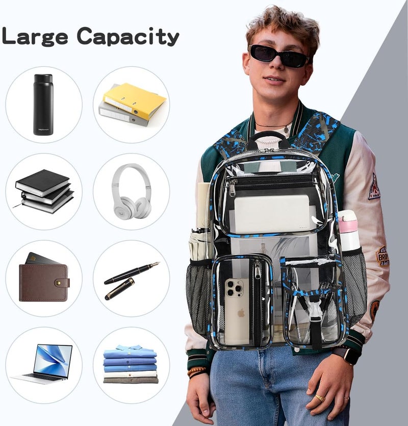 Cusangel Clear School Backpack,Heavy Duty Clear Backpack,16.5 x12 x5inch TPU Large Capacity See Through bookbag for Sport Events,Travel (Blue) - Image 4